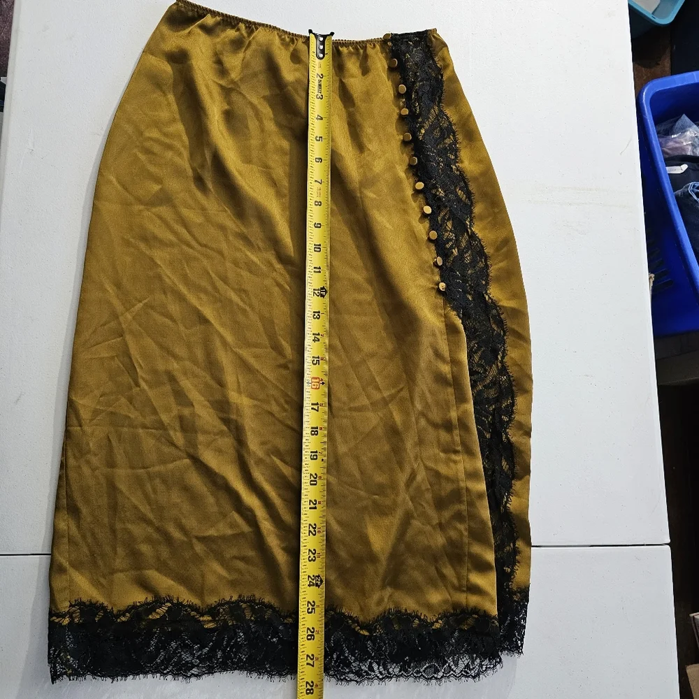 Victoria's Secret‎ Satin Midi Skirt Golden Bronze Size Medium Black Lace